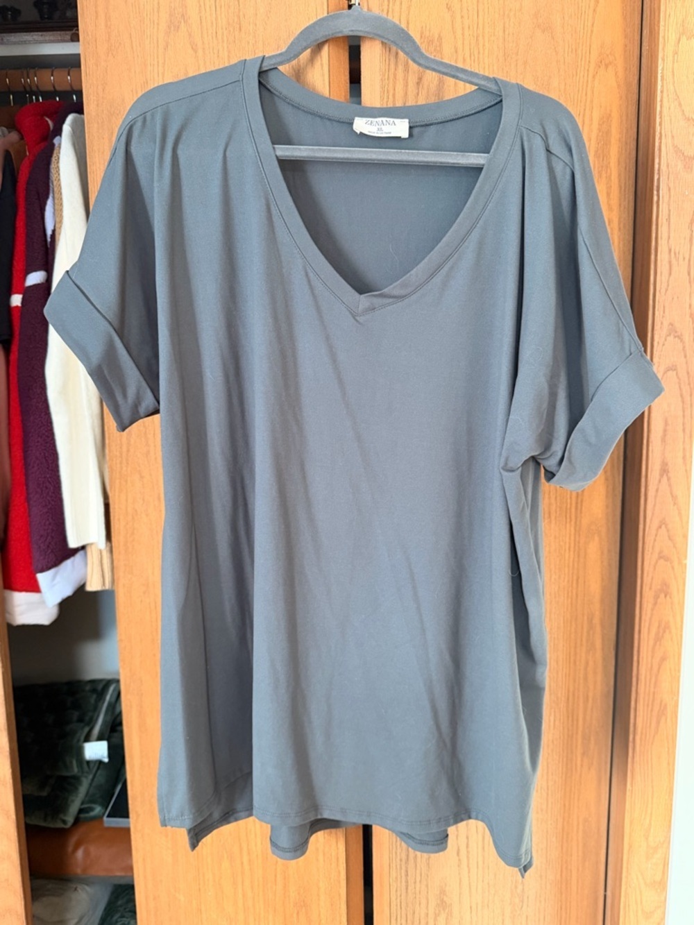 Zenana Outfitters Charcoal Gray V-Neck Short Sleeve Top
